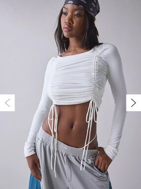 White Long-Sleeve Ruched Drawstring Crop Top - Women